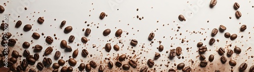 Fresh coffee beans cascading downward in a mesmerizing pattern against a blank canvas blender