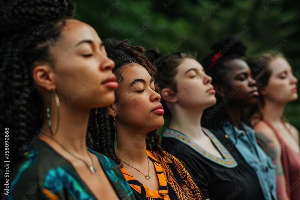 Fototapeta premium Multicultural Women Standing United, Eyes Closed,