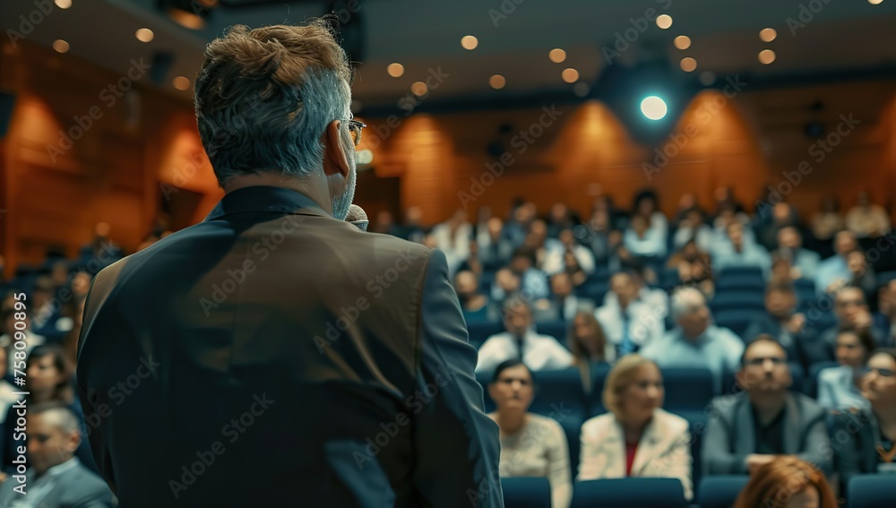 Middle-aged man giving speech to seated audience in auditorium Middle-aged man giving speech to seated audience in auditorium