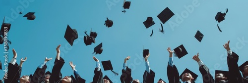 Joyful graduates throwing caps, clear blue sky, wide scenic view of academic triumph