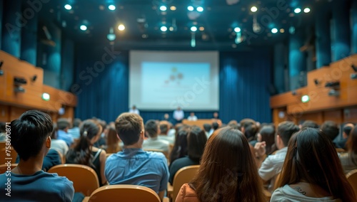 Auditorium scene with students engrossed in stage presentation