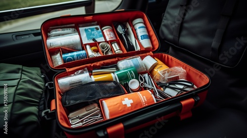 Comprehensive shot of a first aid kit in a car's emergency preparedness kit
