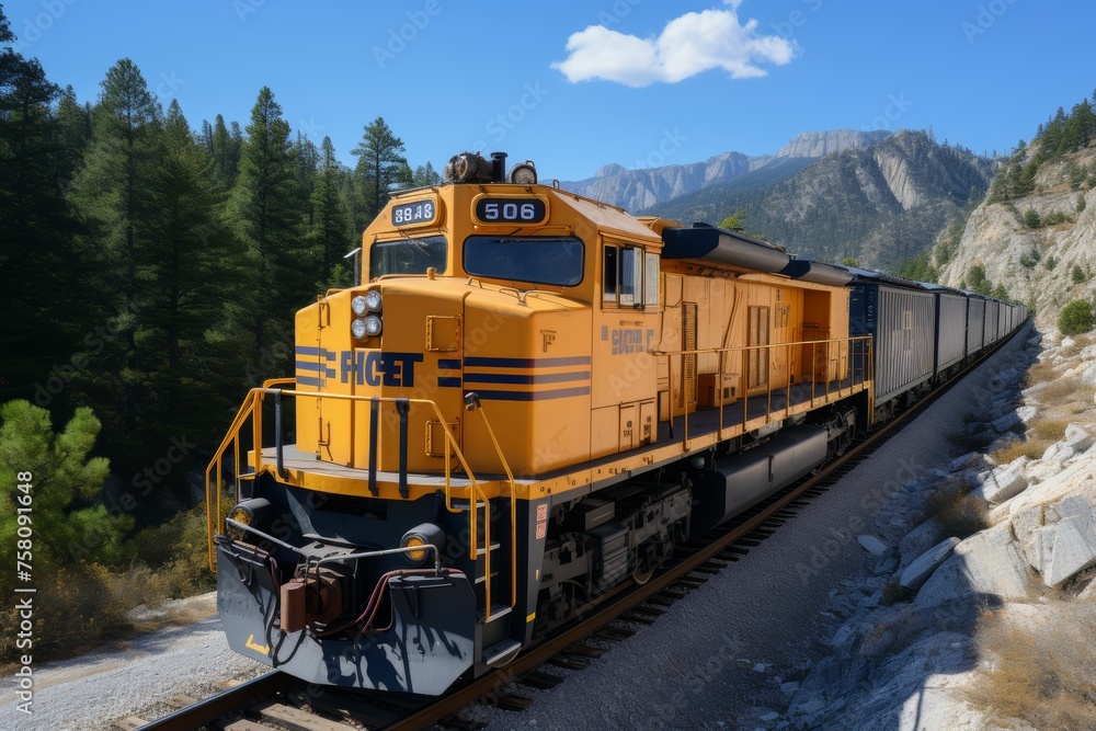Yellow freight train transporting containers by rail in the mountains, ground view