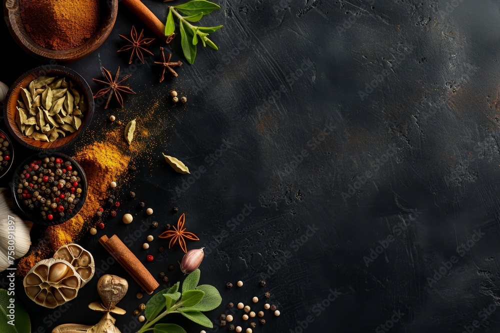 KS food background with spices and ingredients on black
