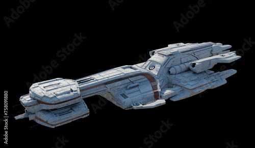Large Battle Cruiser Spaceship with White and Orange Colour Scheme Isolated on a Black Background - Side View, 3d digitally rendered science fiction illustration