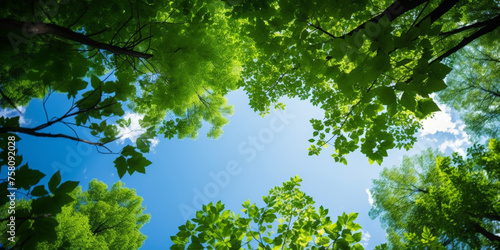 green leaves and sky, Clear blue sky and green trees seen from below. Carbon neutrality concept presented in a vertical format. Pictures for Earth Day or World Environment Day desktop backgrounds.