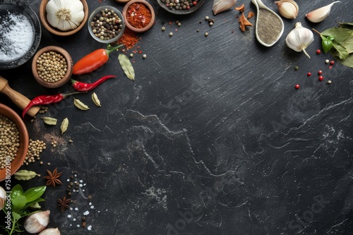 KS food background with spices and ingredients on black