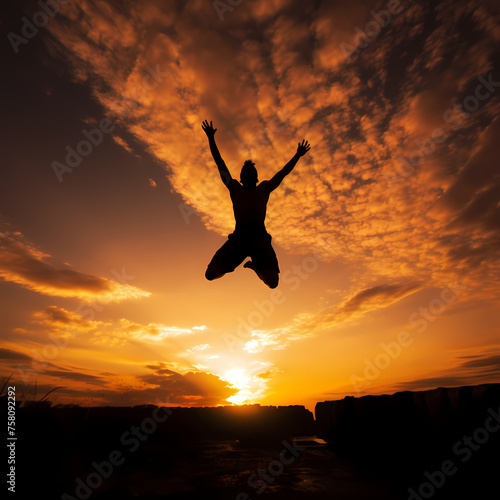 A silhouette of a person doing a backflip against a sunset