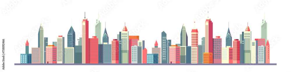 A city skyline with many tall buildings and a white background. The buildings are of different colors and heights, creating a sense of depth and perspective. . Vector illustration