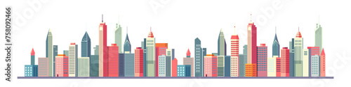 A city skyline with many tall buildings and a white background. The buildings are of different colors and heights  creating a sense of depth and perspective. . Vector illustration