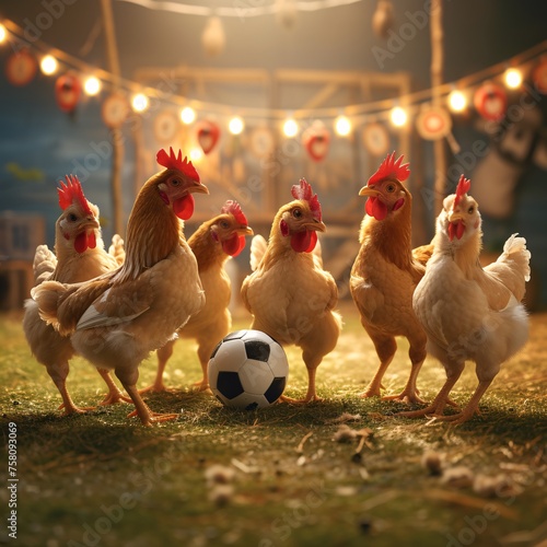Comical scene of chicken playing soccer football.