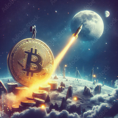Visionary holding a Bitcoin coin triumphantly, wearing an astronaut suit, standing on top of a graph. Ready to propel upward into the unknown. To new sky heights, to the moon