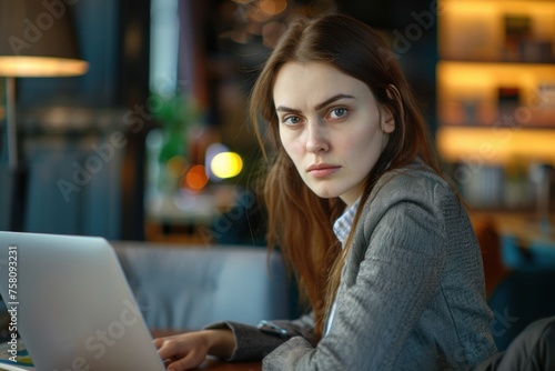 Portrait of dissatisfied disappointed business woman at workplace inside office, office worker sad and unhappy looking at camera, working with laptop, got transaction refusal error. Generative AI © Men Alchemy