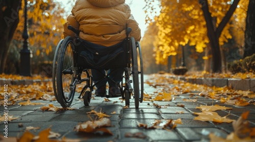 Back view of young human in wheelchair during walk in park sunny day photo