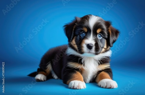 puppy with blue eyes on blue background,funny purebred dog,bern mountain dog,