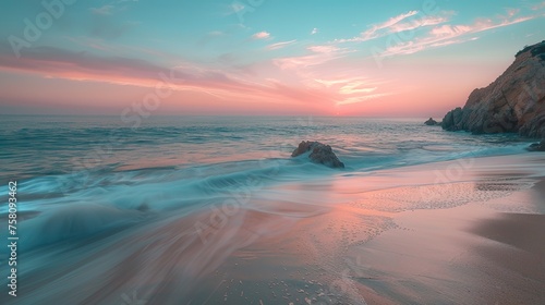 A landscape photo of the beach in the evening with sunset, with long-term exposure photography