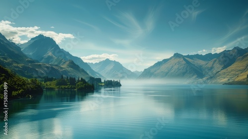 Tranquil beauty: lake wakatipu, south island, new zealand - majestic landscape photography with serene waters and mountainous backdrop