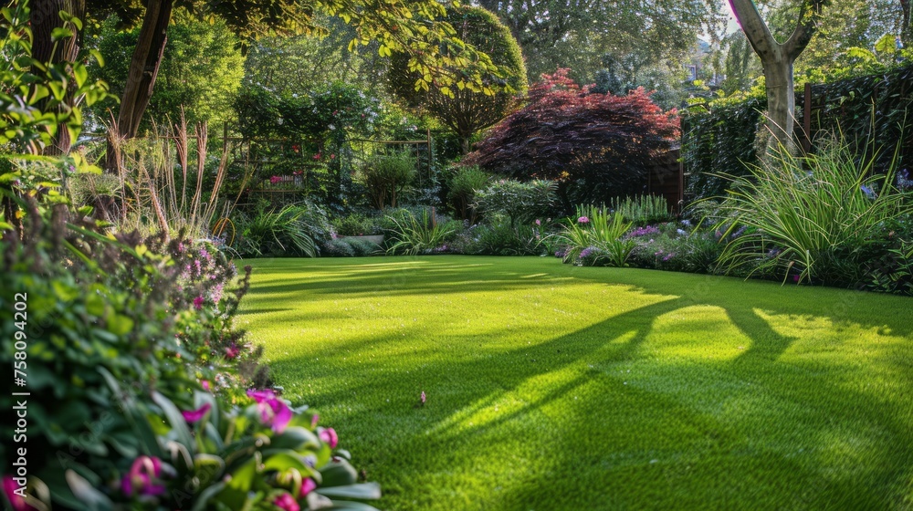 Obraz premium Lush green lawned garden with vibrant flowers and shrubs under the warm sunlight in a suburban oasis