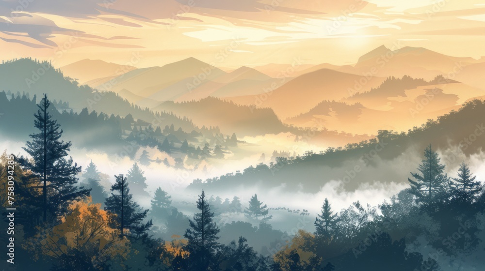 Obraz premium Misty morning in the forest: serene landscape with fog, mountains, and sunlight. Panoramic illustration of nature's beauty