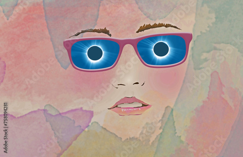 A total solar eclipse is reflected in the eyeglasses of a young woman in a 3-d illustration. Eclipse 2024 will require viewers to use eclipse glasses to protect their eyes.