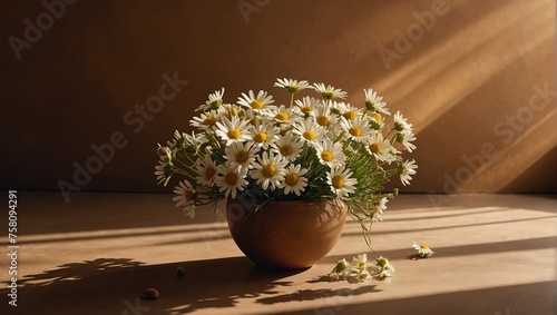 Chamomile daisy flowers bouquet on warm tan ginger background with sunlight shadows, Minimal stylish still life floral composition