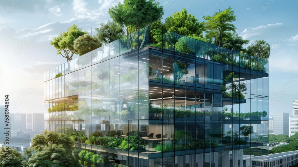 Fototapeta premium ecological innovative building concept with green plants and trees at day