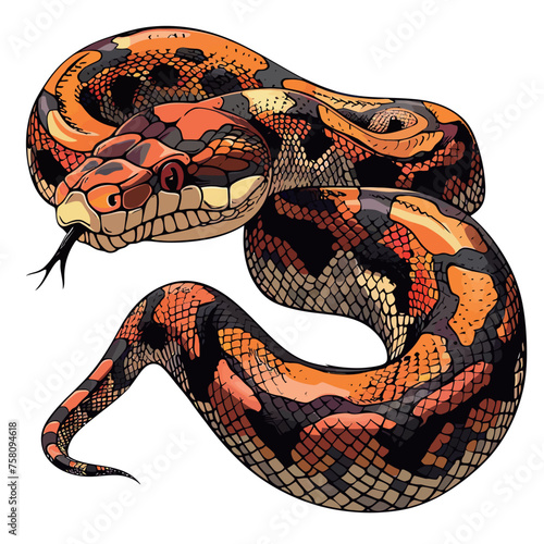 a drawing of a snake with a red and orange striped body and the word snake.