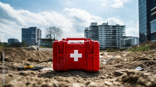 Panorama showcasing a first aid box at a construction or building site