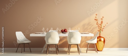 Elegant White Furniture with Table Setting and Decor on Colored Wall © Vusal