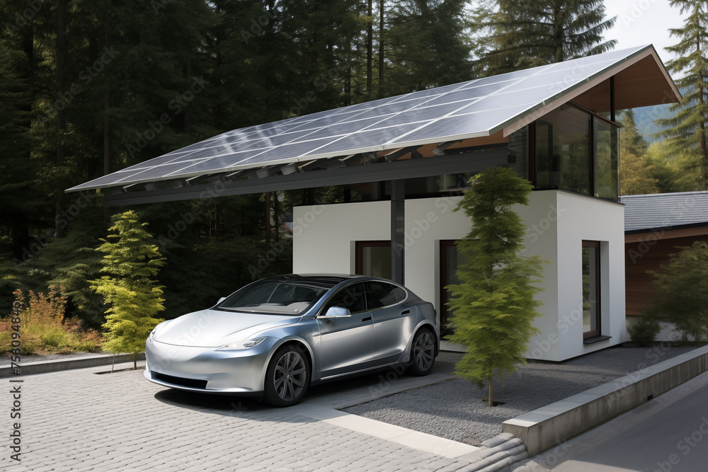 Electric car is charged from a charging station that takes energy from solar panels.