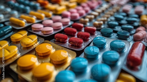 colorful pills pile, medicine tables in blisters, closeup view 