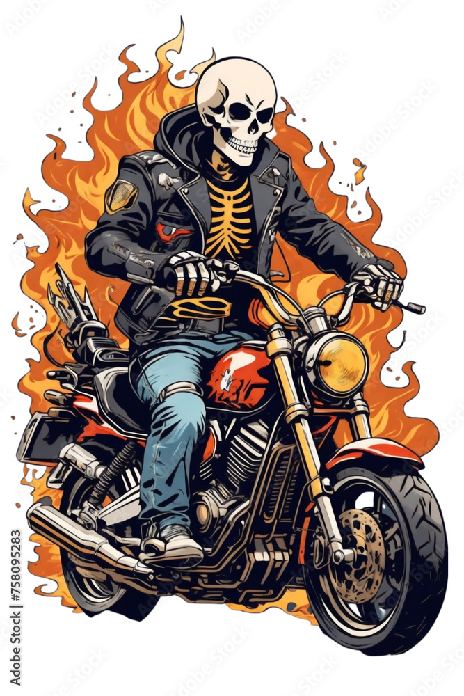 graphics of a skeleton riding a motorcycle against the background of a fire graphics of a skeleton riding a motorcycle against the background of a fire