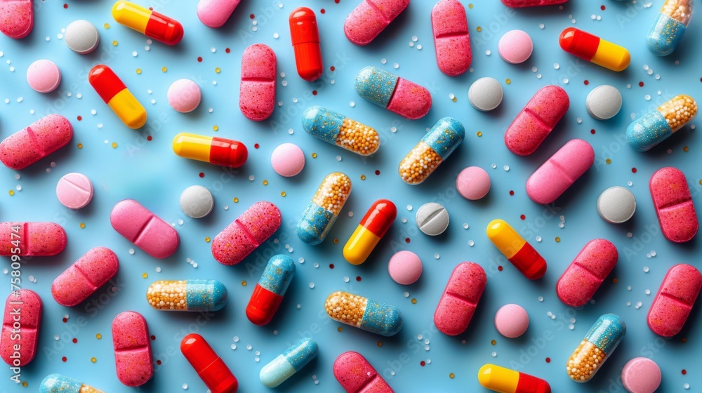 Colorful pills background, medicine tables flat lay, top view Colorful pills background, medicine tables flat lay, top view