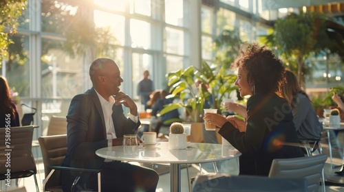 people enjoying coffee in a corporate setting 