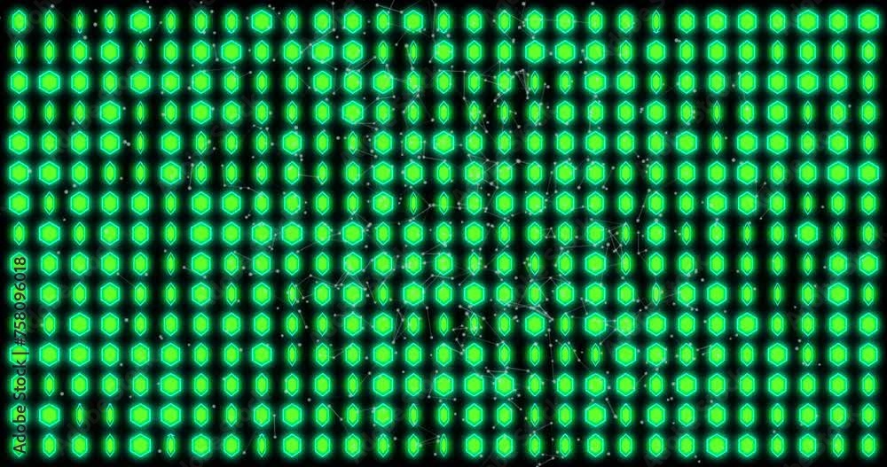 Animation of light wall of rotating round green lights on black background Animation of light wall of rotating round green lights on black background