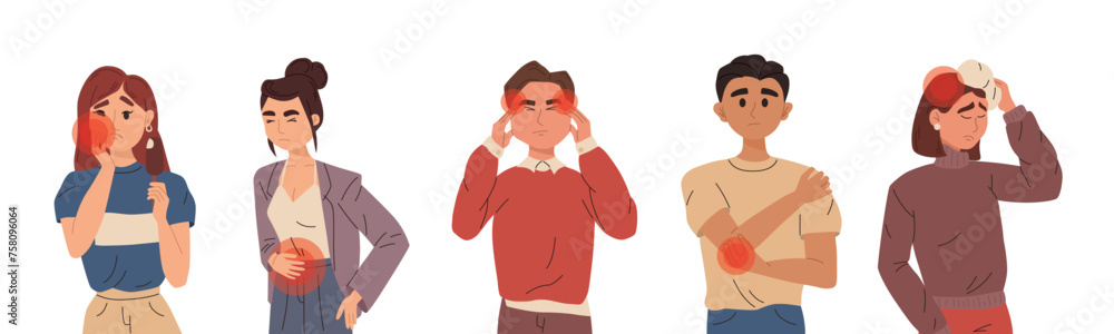 People are suffering from different diseases. Set of toothache, headache. Collection of abdominal, ear, joint pain. Man and woman illness. Isolated on white background. Vector illustration People are suffering from different diseases. Set of toothache, headache. Collection of abdominal, ear, joint pain. Man and woman illness. Isolated on white background. Vector illustration