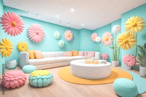 living rooms having walls decorated with flowers