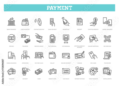 Payment methods icons. Business and finance payment collection with money