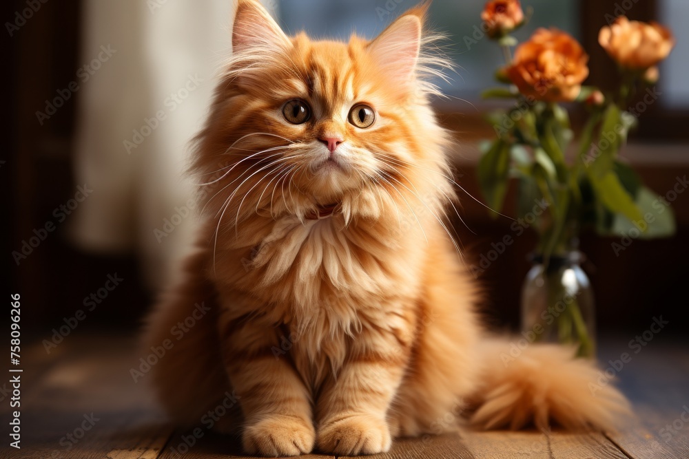 Red fluffy kitten next to a lovely bouquet of flowers in a cozy home setting