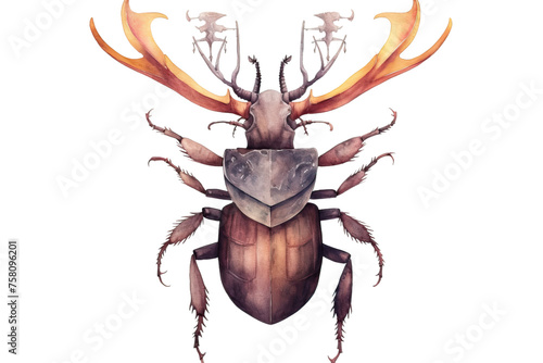 isolated drawn hand Large watercolor background black deer Beetle illustration white antlers beetle above realistic view brown