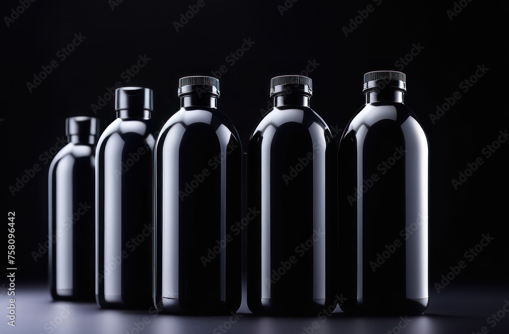black bottles without inscriptions for shampoo on a black background in backlight with space for text black bottles without inscriptions for shampoo on a black background in backlight with space for text