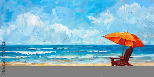 A dreamy beachscape with a vibrant umbrella and a solitary chair, overlooking the endless expanse of the ocean, where the sound of gentle waves creates a serene atmosphere for relaxation .