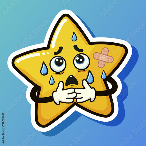 Star form yellow sticker with emoticon. Cute cartoon design. Sweaty and tired character. Sick face. Holding hands together. Isolated on blue background. Vector illustration