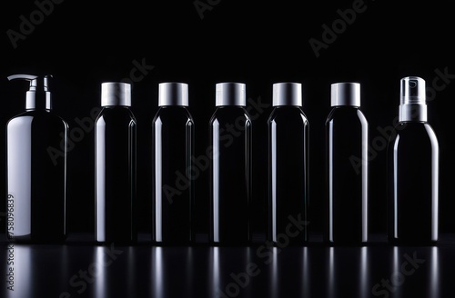 black bottles without inscriptions for shampoo on a black background in backlight with space for text