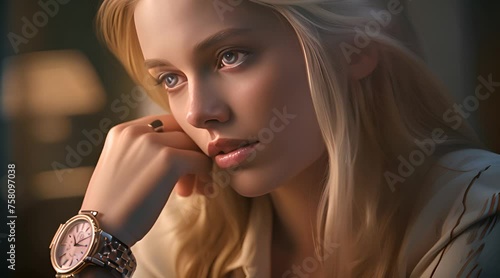 beautiful woman wearing watch holding cheek