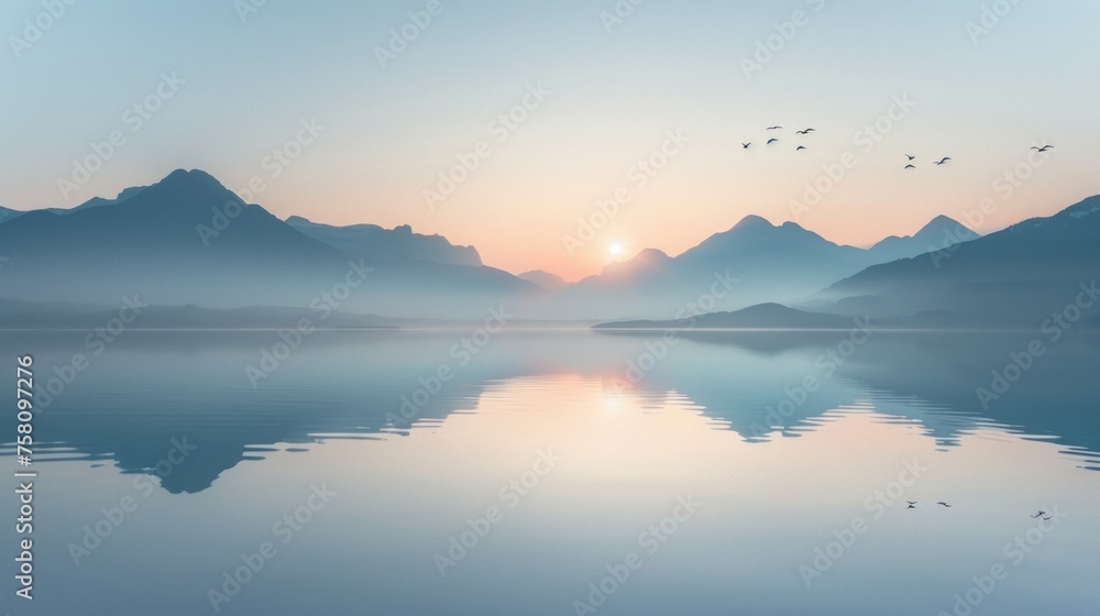 Serene mountain sunrise: tranquil waters, bird silhouettes in flight - symbolizing peaceful new beginnings and nature's simplicity