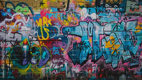 an intricate and colorful graffiti wall  bursting with a variety of shapes  symbols  and lettering  reflecting the vibrant and raw energy of urban street art.