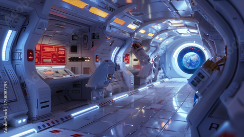 e interior of a futuristic space station, illuminated by ambient lights and detailed with high-tech control panels and viewports, offering a breathtaking view of Earth from space. photo