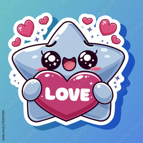 Star form blue sticker with emoticon. Cute cartoon design. Lovely character. Flying red hearts. Impressed and exciting face. Isolated on blue background. Vector illustration