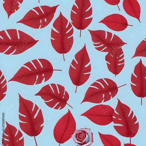 Sky blue background and red Leaves Tropical pattern